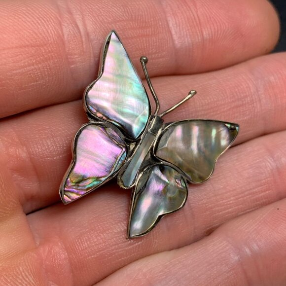 Jewelry - Vintage Sterling Silver 925 Mexico Abalone Butterfly Brooch 1.25" x 1.4"